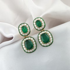 11.44 ct Natural Oval Emerald and Diamond Double Halo Earrings, 18K Yellow Gold