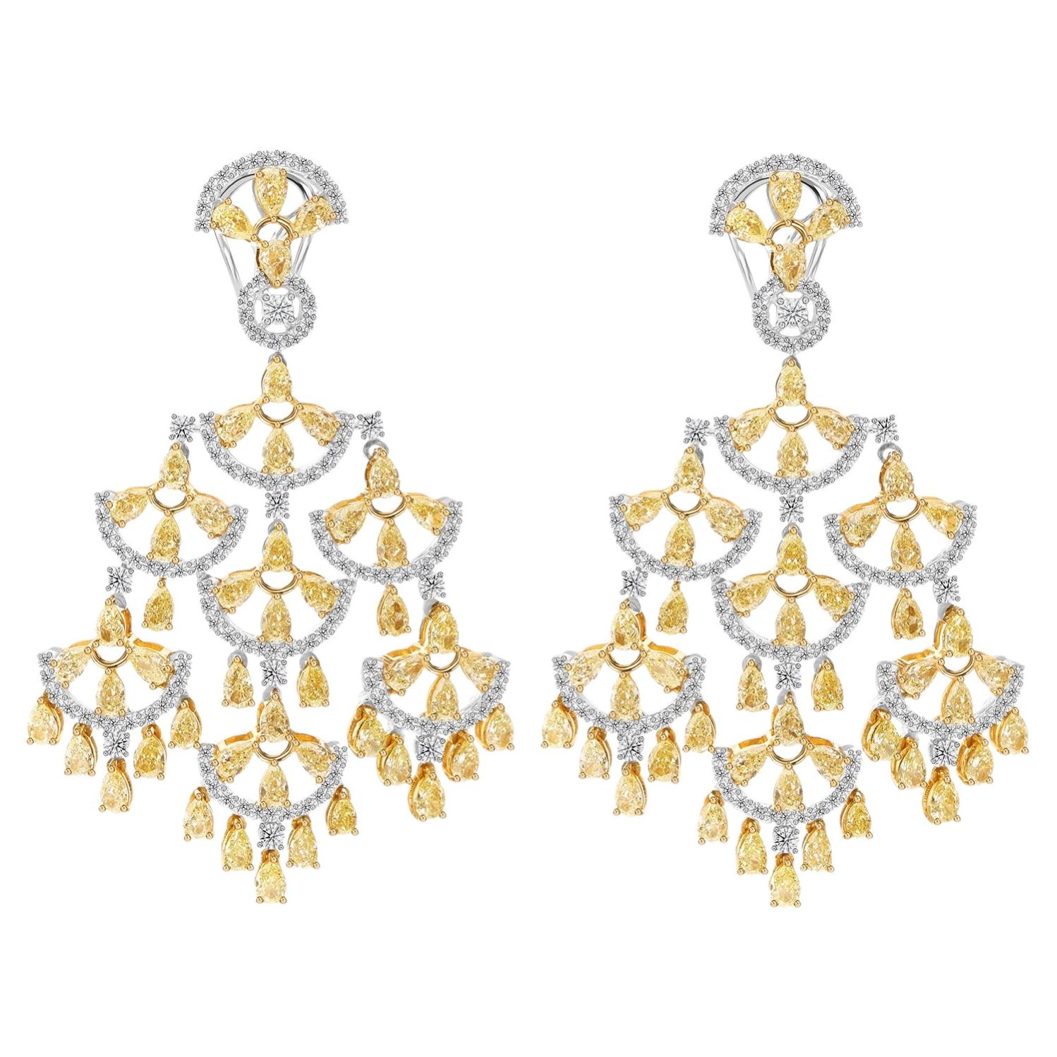 12.05 ct Yellow & White Diamond Chandelier Earrings in 18K Two-Tone Gold For Sale