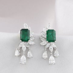 1.8 ct Natural Emerald-Cut Emerald and Diamond Fringe Earrings, 18K White Gold