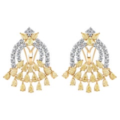 6.02 ct Natural Round Diamond Arched Fan Drop Earrings, 18K Two-Tone Gold
