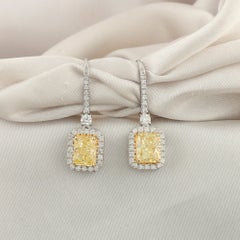 2.43 ct Natural Radiant Diamond Lever-Back Halo Drop Earrings, 18K Two-Tone Gold
