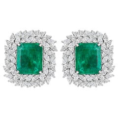 14.1 ct Natural Emerald-Cut Emerald and Diamond Spiral Earrings, 18K White Gold