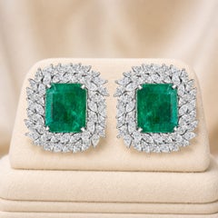 14.1 ct Natural Emerald-Cut Emerald and Diamond Spiral Earrings, 18K White Gold