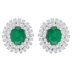 5.18 ct Natural Oval Emerald and Diamond Sunburst Earrings, 18K White Gold
