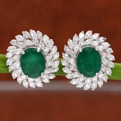 5.18 ct Natural Oval Emerald and Diamond Sunburst Earrings, 18K White Gold
