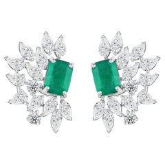 1.6 ct Natural Emerald and Diamond Asymmetric Wing Earrings, 18K White Gold