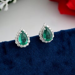 2.06 Ct Pear Emerald & 0.60 Ct Diamond Halo Earrings in 18K White Gold
