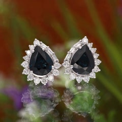 3.44 ct Natural Pear Blue Sapphire and Diamond Crown Earrings, 18K White Gold