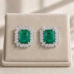 5.68 ct Natural Emerald-Cut Emerald and Diamond Petal Earrings, 18K White Gold