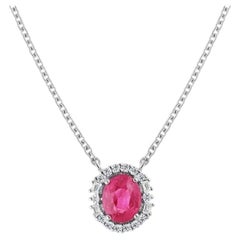 Ruby & Diamond Halo Necklace, 1.40ct Natural Ruby, 18K White Gold