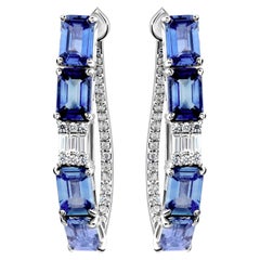 4.85 Ct Natural Blue Sapphire 0.42 Ct Diamond Hoop Earrings in 18K White Gold