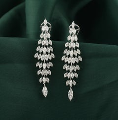 Natural Marquise Diamond Leaf Chandelier Earrings, 6.98 Carats in 18K White Gold