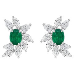 Oval Emerald and Marquise Diamond Cluster Earrings, 3.33 Carats, 18K White Gold