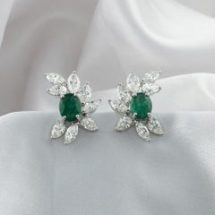 Oval Emerald and Marquise Diamond Cluster Earrings, 3.33 Carats, 18K White Gold