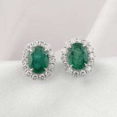 8.22 Ct Natural Oval Emerald Halo Stud Earrings, 2.53 Ct Diamonds 18K White Gold