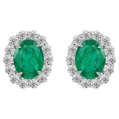 8.22 Ct Natural Oval Emerald Halo Stud Earrings, 2.53 Ct Diamonds 18K White Gold
