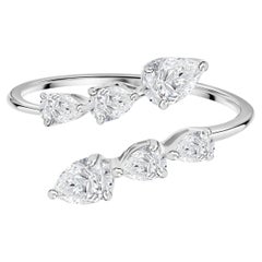 0.83 Ct Natural Pear Diamond Open Bypass Ring, Three Stone Rows 18K White Gold