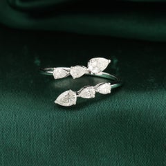 0.83 Ct Natural Pear Diamond Open Bypass Ring, Three Stone Rows 18K White Gold