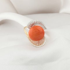 9.8 Ct Natural Coral & 0.42 Ct Diamond Bypass Cocktail Ring in 14K Two Tone Gold