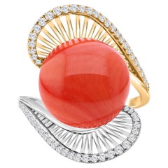 9.8 Ct Natural Coral & 0.42 Ct Diamond Bypass Cocktail Ring in 14K Two Tone Gold