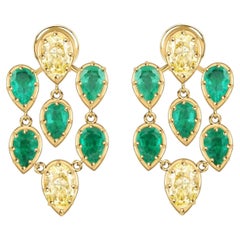 3.48 Ct Natural Pear Emerald & 3.1 Ct Yellow Diamond Cluster Earrings, 18K Gold