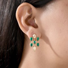 3.48 Ct Natural Pear Emerald & 3.1 Ct Yellow Diamond Cluster Earrings, 18K Gold