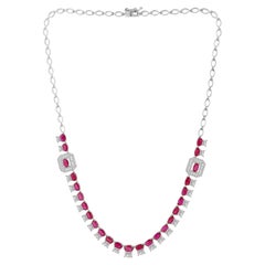 7.82 Ct Natural Oval Ruby & 5.27 Ct Diamond Line Necklace with Halo Stations 18K