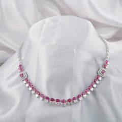 7.82 Ct Natural Oval Ruby & 5.27 Ct Diamond Line Necklace with Halo Stations 18K