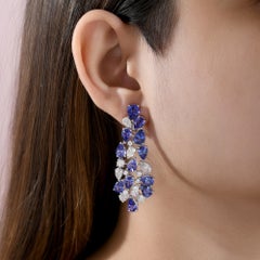 22.28 Ct Natural Tanzanite & Diamond Cluster Chandelier Earrings 18K White Gold