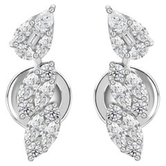 0.72 Ct Natural Baguette & Marquise Diamond Ear Climber Studs 18K White Gold