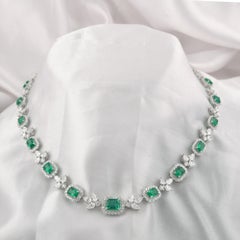 17.01 Ct Natural Emerald & Diamond Station Necklace with Drop 18K White Gold