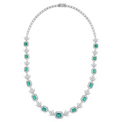 17.01 Ct Natural Emerald & Diamond Station Necklace with Drop 18K White Gold
