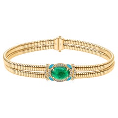 Gargantilla de oro amarillo de 18 quilates con esmeralda ovalada natural de 11,94 quilates y diamantes, con diseño «tubogas» doble