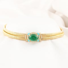18K Yellow Gold 11.94 Ct Natural Oval Emerald & Diamond Double Tubogas Choker