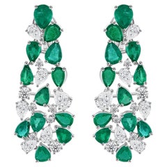 18K White Gold 18.91 Ct Natural Pear Emerald & Diamond Chandelier Earrings Gift