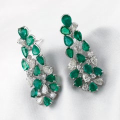 18K White Gold 18.91 Ct Natural Pear Emerald & Diamond Chandelier Earrings Gift