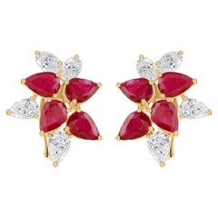 18K Yellow Gold 8.03 Ct Natural Pear Ruby & Diamond Floral Cluster Stud Earrings