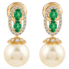 18K Yellow Gold 12.63 Ct Natural Emerald & Diamond Pearl Drop Earrings Jewelry