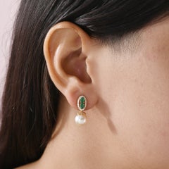 18K Yellow Gold 12.63 Ct Natural Emerald & Diamond Pearl Drop Earrings Jewelry