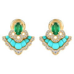 18K Yellow Gold 1.7 Ct Natural Oval Emerald & Turquoise Diamond Stud Earrings