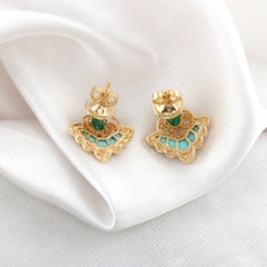 18K Yellow Gold 1.7 Ct Natural Oval Emerald & Turquoise Diamond Stud Earrings