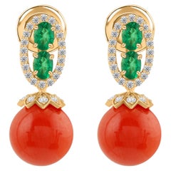 18K Yellow Gold 6.67 Ct Natural Emerald & Diamond Coral Bead Drop Earrings Gift