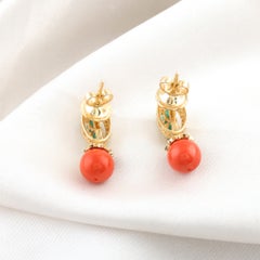 18K Yellow Gold 6.67 Ct Natural Emerald & Diamond Coral Bead Drop Earrings Gift