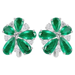 18K White Gold 11.12 Ct Natural Pear Emerald & Diamond Flower Stud Earrings Gift