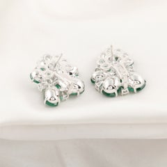 18K White Gold 11.12 Ct Natural Pear Emerald & Diamond Flower Stud Earrings Gift