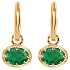 18K Yellow Gold 1.22 Ct Natural Oval Emerald Bezel Charm Huggie Hoop Earrings