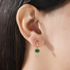 18K Yellow Gold 1.22 Ct Natural Oval Emerald Bezel Charm Huggie Hoop Earrings