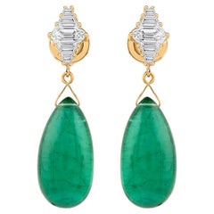 18K Yellow Gold 26.59 Ct Natural Emerald Briolette & Baguette Drop Earrings Gift
