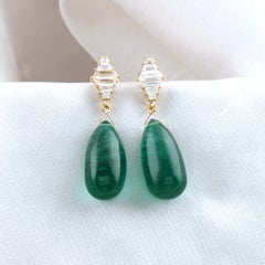 18K Yellow Gold 26.59 Ct Natural Emerald Briolette & Baguette Drop Earrings Gift