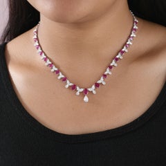 18K White Gold 17.96 Ct Natural Oval Ruby & Pear Diamond Graduated Line Necklace